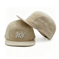 Casquette 5 panneaux en velours côtelé beige, broderie NY blanche, visière plate, ajustable, style streetwear, personnalisable, haute qualité, vente en gros OEM
