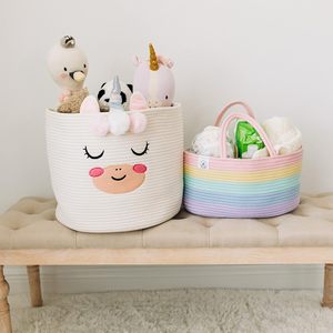 Cesta de Almacenamiento Portátil de Cuerda de Algodón para Juguetes y Pañales de Bebé, Diseño Arcoíris Pastel, Organizador de Pañales para Mamá con Asas - Product Image 3