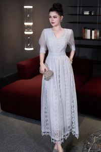 <span class=keywords><strong>XXL</strong></span> <span class=keywords><strong>vestido</strong></span> largo 2026 Primavera Verano boda fiesta señora Sexy cuello en V ahueca hacia fuera bordado media manga largo púrpura blanco <span class=keywords><strong>vestido</strong></span> Maxi - Product Image 5