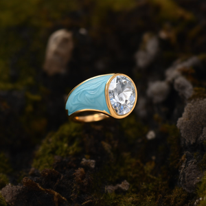 Fashion <b>Ring</b> 316L Stainless Steel PVD <b>Gold</b> Plating Blue Enamel Clear Crystal Stone Statement Jewelry - Product Image 3