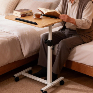 <b>Adjustable</b> Height Bedside <b>Table</b> With Hydraulic Lift For Elderly Nursing Use Metal Construction <b>Folding</b> Design - Product Image 1