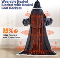 Couverture chauffante portable d'hiver avec poches pour les pieds et capuche – Plaid électrique portable 8 réglages de chaleur, 1 à 10 heures, arrêt automatique, en flanelle