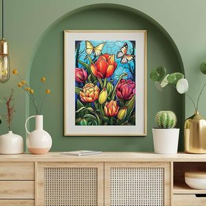 Kit di Pittura Diamantata SONGWOO 5D Stile Vetro Colorato <span class=keywords><strong>con</strong></span> <span class=keywords><strong>Tulipani</strong></span> e Farfalle, Kit Fai-da-Te <span class=keywords><strong>con</strong></span> Diamanti Completi - Product Image 3