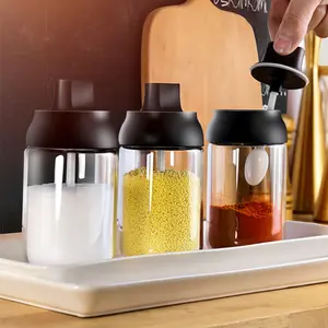 Кухонная стеклянная коробка, крышка ложки, встроенная банка для приправ, многофункциональная бутылка для меда, прозрачная банка для приправ с масляной щеткой