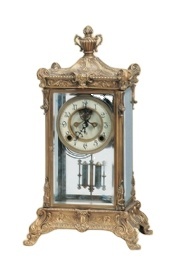 Horloge de cheminée antique en laiton à pendule à <span class=keywords><strong>mercure</strong></span>, avec boîtier à façade bombée, répétiteur 7 jours et échappement Brocot visible - Product Image 2