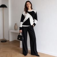 Pull en tricot à col rond pour femme, en mélange de laine, avec patchwork géométrique et blocs de couleur, personnalisable OEM, vente en gros