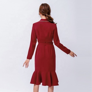 La última de las mujeres maduras 2019 Sexy lazo cruzado de manga larga Casual Maxi vestido con cinturón - Product Image 4