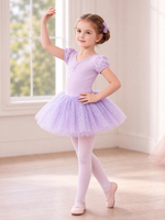 Maillot de Ballet para Niñas con Mangas Abullonadas, Cuello en V, Lazo en la Espalda, Tutú con Lentejuelas, Vestido de Princesa para Actuaciones de Danza Infantil