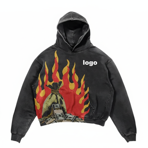 Sweatshirt à capuche avec impression de flammes et soleil pour hommes, sweatshirt à capuche surdimensionné et lourd en molleton de coton pour hommes - Product Image 1