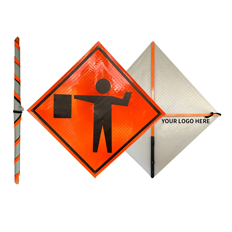 Reflective Road Work Zone Control Retro Flagger Symbol Ahead Reflective Roll Up Traffic Construction Sign