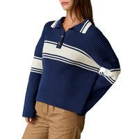 Pull en maille personnalisé pour femme, mélange de laine, col rabattu, côtelé, rayé, boutonné, automne, style preppy, événements universitaires, décontracté, vente en gros