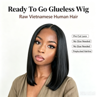 Perruque Lace Front en Cheveux Humains Vietnamiens Bruts, Sans Colle, Prête à Porter, Courte, Densité Réglable, Dentelle Pré-Plumée pour Femmes