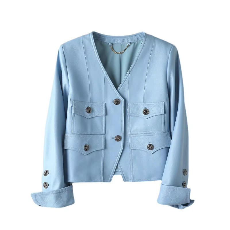 3143 Fashion Short Leather Coat Single Breasted V Neck Both Side Pocket Women'S Genuine Leather Jacket Custom