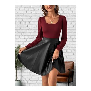 Vestido de mujer negro de manga larga con cuello redondo y diseño asimétrico de pata de gallo para uso diario informal. - Product Image 4