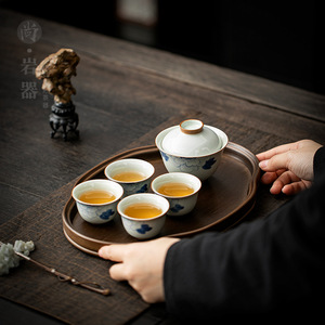 Hand Painted Peony Mini <b>Tea</b> <b>Infuser</b> Gaiwan Teacup Set With Lid Oval Wooden Tray For Gongfu <b>Tea</b> Ceremony Dehua Porcelain - Product Image 3