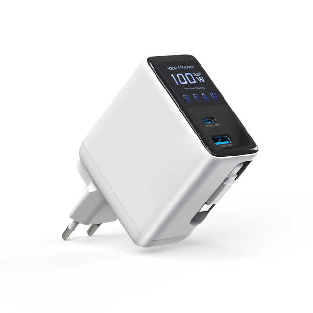 100W AI Smart GaN USB Charger with Retractable Cable and TFT Display PD3.0 PPS Fast Charging for Phone 17 16 15 14 and Laptops