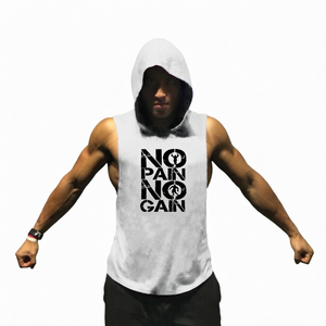 <b>Men's</b> Hooded <b>Tank</b> <b>Top</b> No Pain No Gain Print Breathable Sporty Sleeveless Vest <b>White</b> - Product Image 1