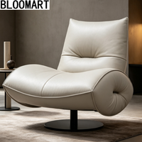 Fauteuil d'appoint pivotant moderne en cuir véritable avec rembourrage en éponge, structure en bois et base rotative en acier carbone