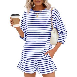 <b>Striped</b> 2 Piece Short Set For Women Casual Cotton Long Sleeve <b>Top</b> Matching Shorts With Pockets Sleepwear Lounge Wear - Product Image 1