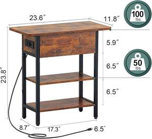 Mesa Auxiliar Moderna y Resistente con Estación de Carga, Mesa Lateral con Tapa Abatible, Puertos USB y Tomas de Corriente, Ecológica, para Sala de Estar, Sofá/Cama - Product Image 3