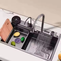 Évier de cuisine à cuvette unique avec robinet extractible Robinet à quatre trous en acier inoxydable avec planche à découper et lave-gobelet