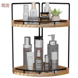 Étagère d'angle en bois à deux niveaux pour salle de bain, cuisine, bureau, organiseur de bureau, étagère autoportante avec structure métallique - Product Image 1