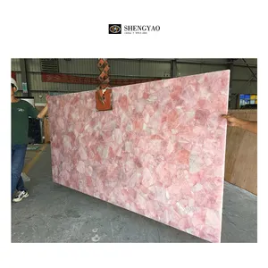 شرائح كريستال كبيرة لامعة طبيعية من الكوارتز الوردي الوردي لتزيين الحائط/طاولات العمل