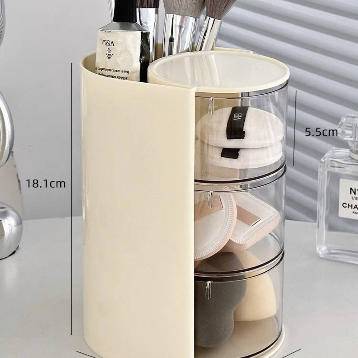 Boîte de rangement pour houppettes - trois niveaux [jaune crème]