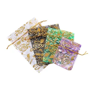 5X7Cm Small Wedding Party Jewelry Mesh Drawstring Rose Flower Stamping Golden Print Organza Pouch