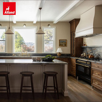 Armoires de cuisine Allandgroup en forme de U, style campagnard américain, finition noyer foncé, avec îlot central