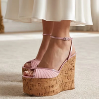 Sandales compensées roses en maille à bride cheville pour femme, talons épais en liège, bout ouvert, chaussures à talons hauts, grandes tailles, pour soirée et vacances, sandales plateforme