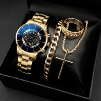 Ensemble Montre Bracelet Classique Homme Or Genève Luxe Bijoux Mode Acier Inoxydable Quartz Analogique Vente en Gros