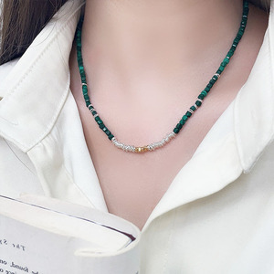S925 สร้อยคอเงินประดับลูกปัดผู้หญิงมาลาไคต์สีเขียวการออกแบบทางเรขาคณิตสวมใส่ทุกวันเครื่องประดับชั้นดี 925 โซ่เงิน XL1573 - Product Image 1