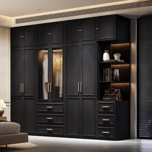 Armoire sur mesure moderne en bois noir avec portes vitrées, tiroirs de rangement et étagères intégrées pour chambre à coucher - Product Image 3