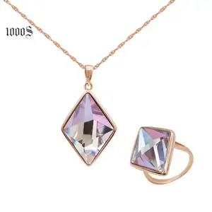 Wholesale Handmade Women Custom Fashion Gold Plated 925 Sterling Silver Necklace Pendant and Ring Jewelry Set with Crystal 1000S