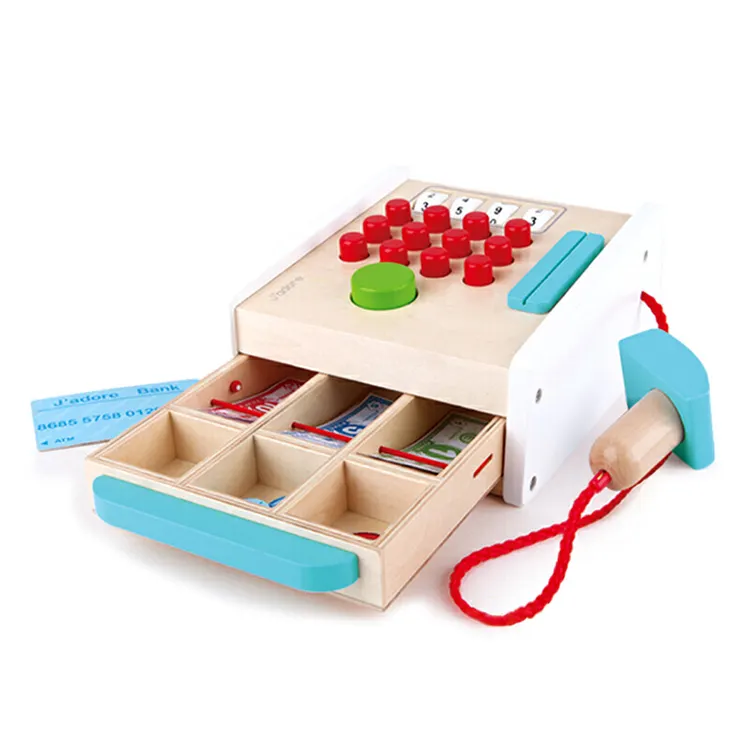 Ahşap komik süpermarket eğitici oyuncaklar ahşap yazarkasa ile çocuklar için Set paraları oyna Pretend tarayıcı hesap makinesi çocuk