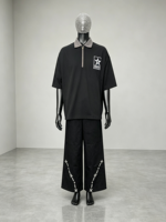 Polo noir à blocs de couleur, 100 % coton, sérigraphié, coupe ample oversize, style streetwear