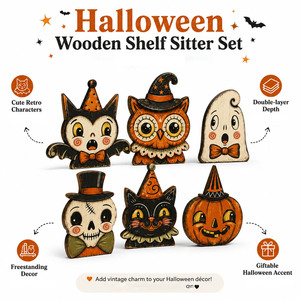 Décoration d'Halloween vintage en <span class=keywords><strong>bois</strong></span> à poser sur étagère, à double niveau de profondeur, style ferme, ornement de table d'Halloween, cadeau - Product Image 1