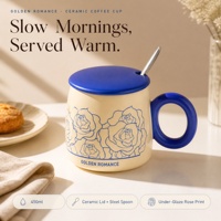 Ensemble de tasses à café en céramique personnalisables de 450 ml avec impression de roses, couvercle en céramique et cuillère en acier inoxydable, vaisselle promotionnelle pour la Saint-Valentin