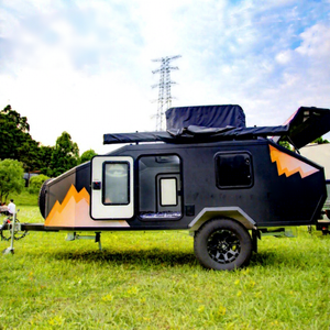 รถพ่วงแคมป์ปิ้งแบบหยดน้ำสำหรับออฟโรด ขนาด 16 ฟุต ยี่ห้อแมนลีย์ ลักชัวรี คัสตอม ผลิตจากแผ่นอลูมิเนียมคอมโพสิต พร้อมครัวสแตนเลส น้ำหนัก 980 กก. - Product Image 1