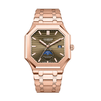 Montre automatique carrée HANBORO en or rose pour homme, avec date, phases de lune, mouvement mécanique, cristal, 10 bars, bracelet en acier inoxydable, style business et habillé