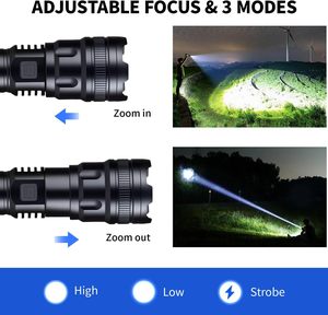 ไฟฉายเลเซอร์สีขาว 20000LM 1000M LED ชาร์จ USB ได้ ตัวเรือนอะลูมิเนียม ซูมได้ ไฟฉายยุทธวิธี EDC  ปรับระดับได้ มาตรฐาน IP54 - Product Image 4