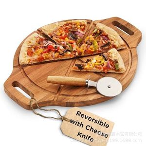 Acacia Wood Cutting Board Round With Cheese <b>Knife</b> For Pizza <b>Bread</b> Serving Tray Set - Product Image 1