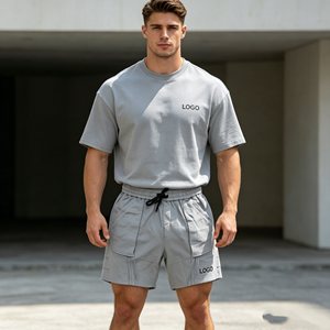 Conjunto de 500g para hombre, superventas, con camiseta de cuello redondo con relieve, ropa casual de verano, tejido de punto, 100% algodón, color liso, conjunto de dos piezas para hombre - Product Image 3