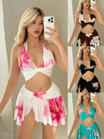 Groothandel OEM ODM Dames 3-in-1 Bloemendruk Halter Triangel Bikini Sexy Rugloze Cut-Out Sheer Mesh Cover-up Jurk Bulkbestelling