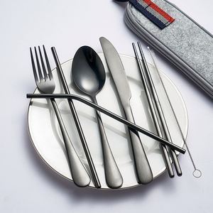 Utensils Travel Camping Cutlery Straws Portable Case Stainless Steel Flatware Set - Product Image 5