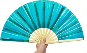 High Quality Satin Foldable Hand Fan Large Rave Under UV Light Holographic Reflective Angel Carving Traditional Style - Product Image 6
