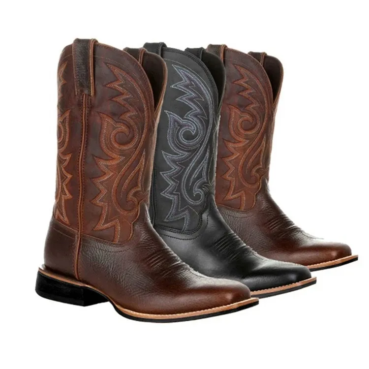 Conjunto retrô bordado com alto cilindro, conjunto de botas de couro de cowboy ocidental para homens e mulheres