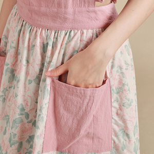 DUOLAI Vintage Floral dos bolsillos uso doméstico hornear algodón Lino <span class=keywords><strong>falda</strong></span> espalda cruzada mujeres delantales Vintage diseño Floral impresión - Product Image 3