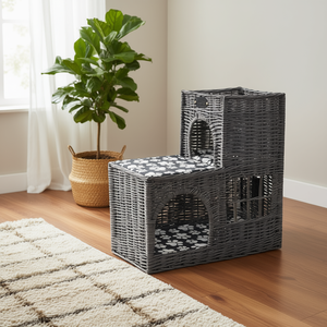 Medium <b>Cat</b> <b>Tree</b> Grey <b>Wicker</b> Polyester <b>Cat</b> House Pet Furniture Indoor Modern Style - Product Image 2